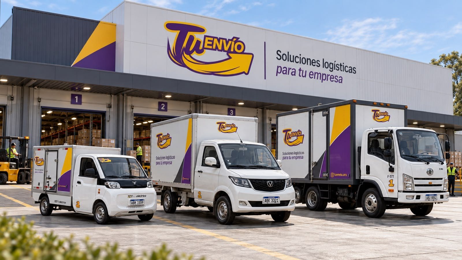 Centro logístico de TuEnvío con tres vehículos de reparto con la marca: un utilitario eléctrico, una camioneta y un camión